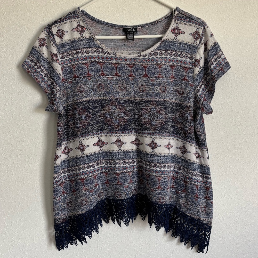 Rue21 Multicolor Aztec Crochet Hem Top  X-Large